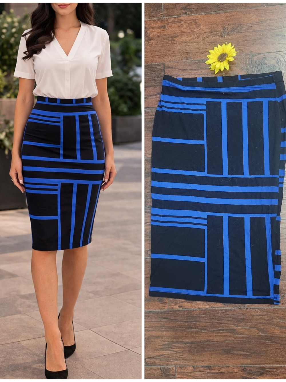 ASOS Blue-Striped Black Pencil Skirt - Women
